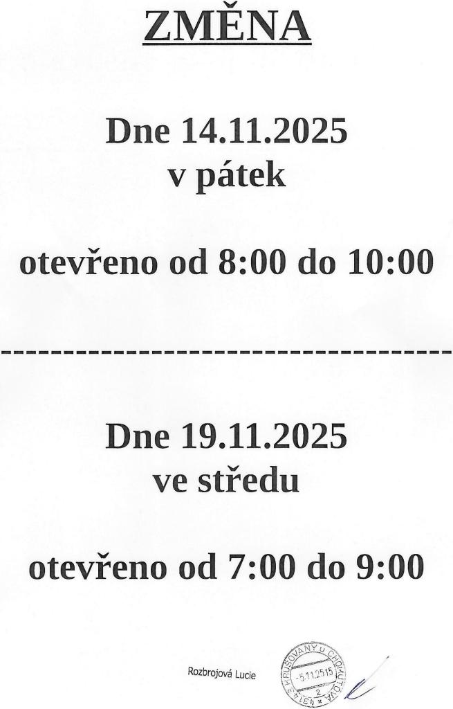 změna otevírací doby pošty